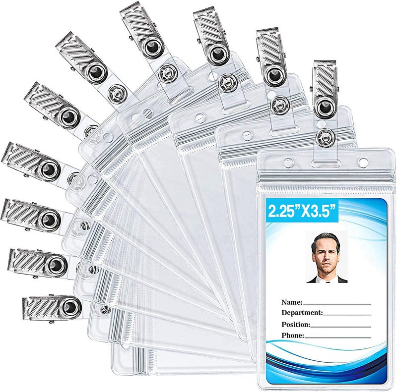Kaptron ID Badge Holder with Metal Badge Clips â€“ Waterproof Sealable Clear Plastic Vertical ID Card Holder for Work ID, Key Card, Driverâ€™s License (Vertical 10 Pack) - Image 1